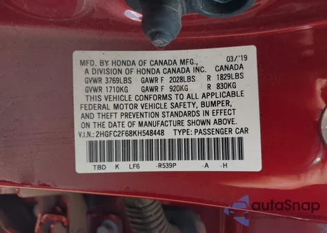 2019 Honda Civic Lx from USA, damaged, VIN 2HGFC2F68KH548448